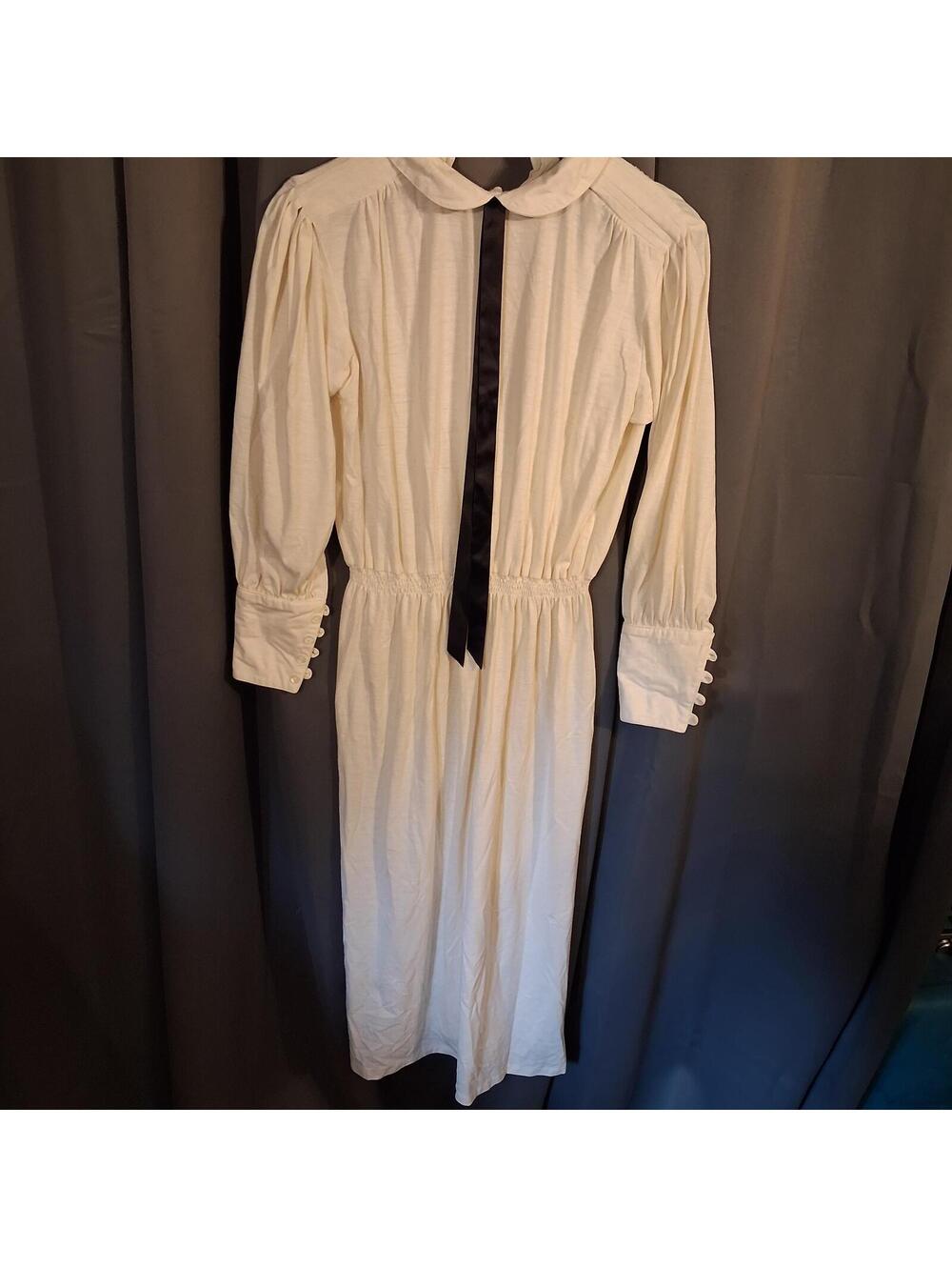 Vintage Cream Long Sleeve Dress with Black Ribbon Detail